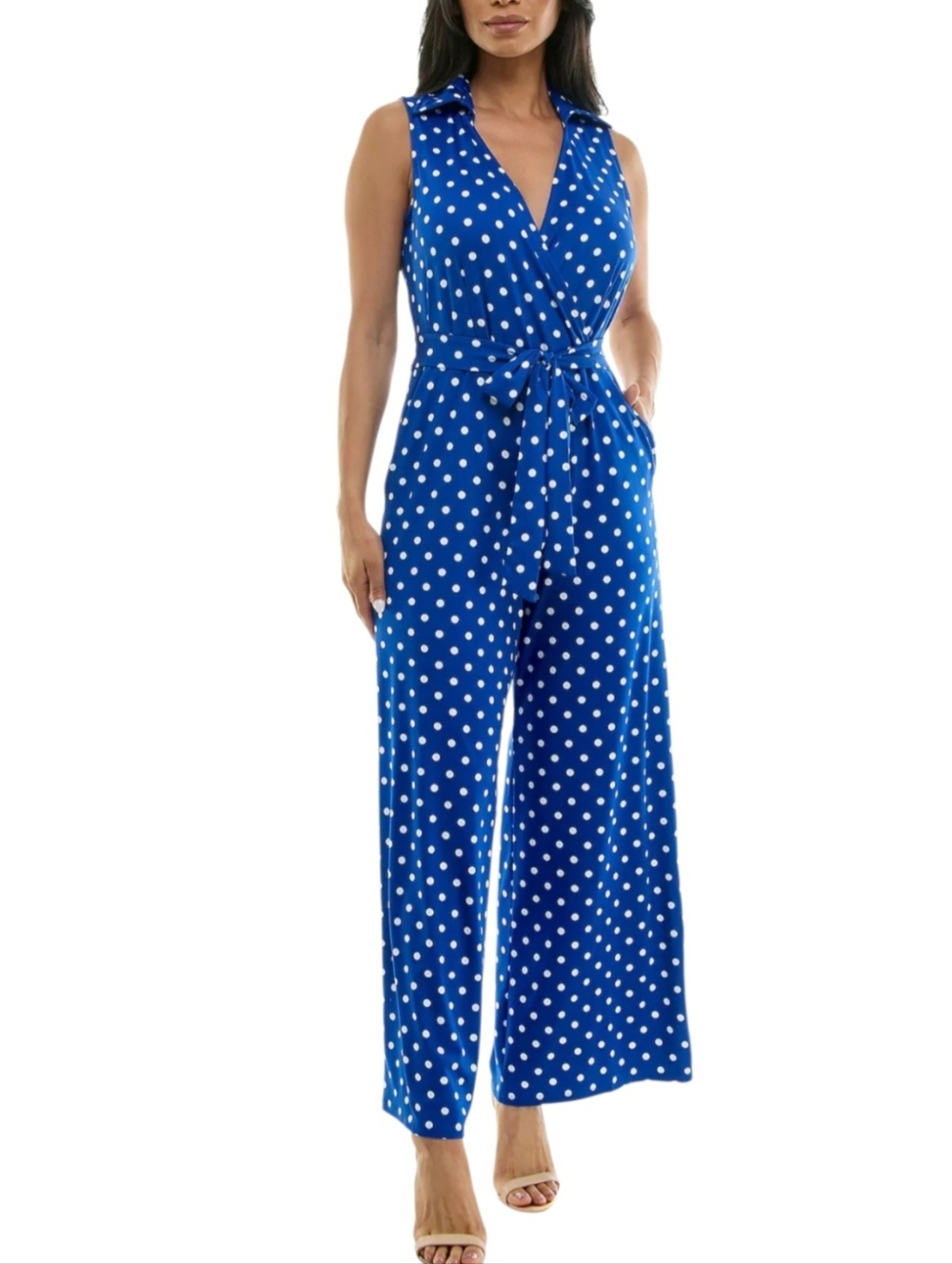 Nina Leonard Print Collared Sleeveless Surplice Wide Leg Polka Dots Jumpsuit L